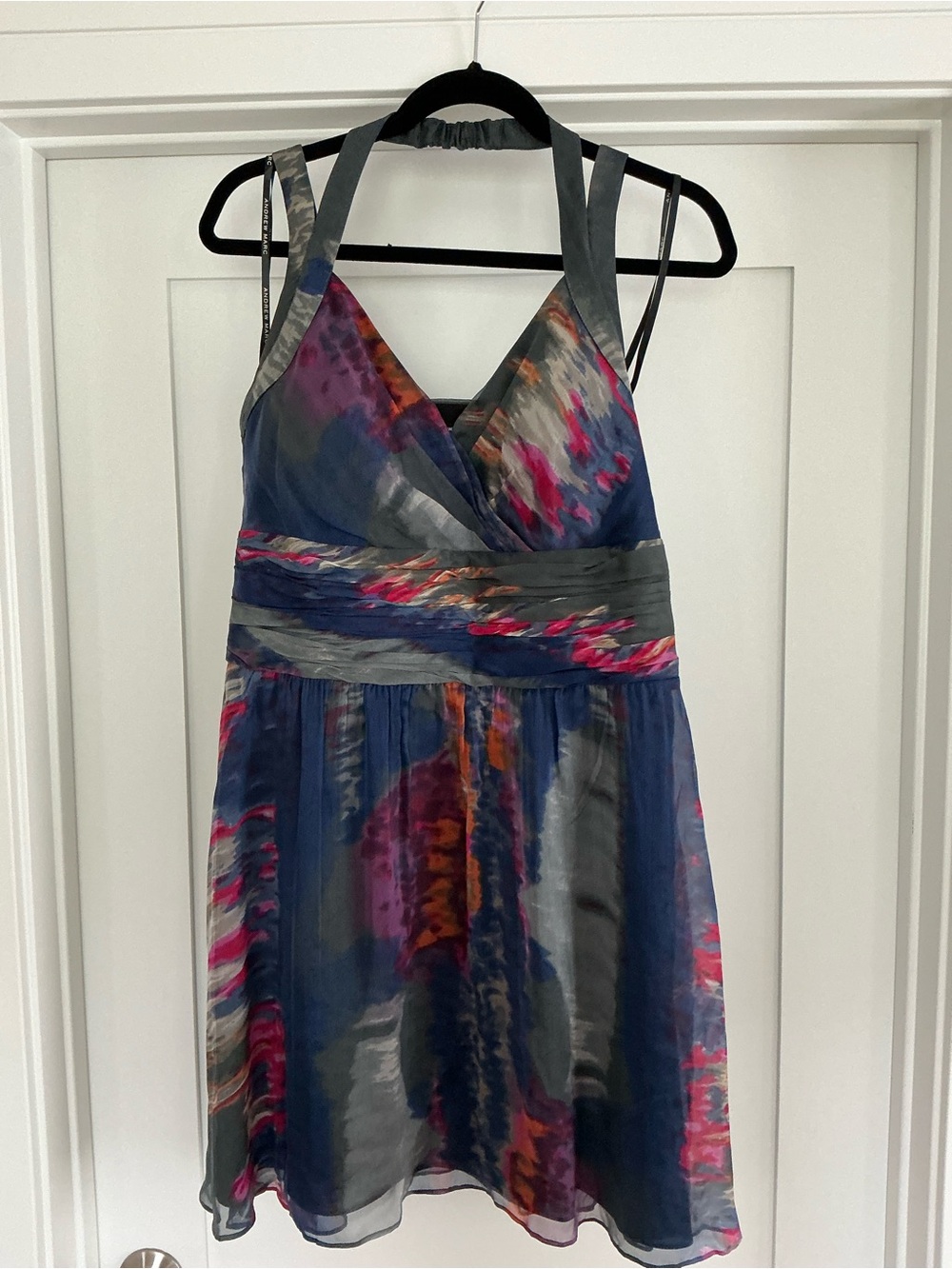 NWT Andrew Marc Silk Blue Multi-Color Halter V-Neck Dress Size 12